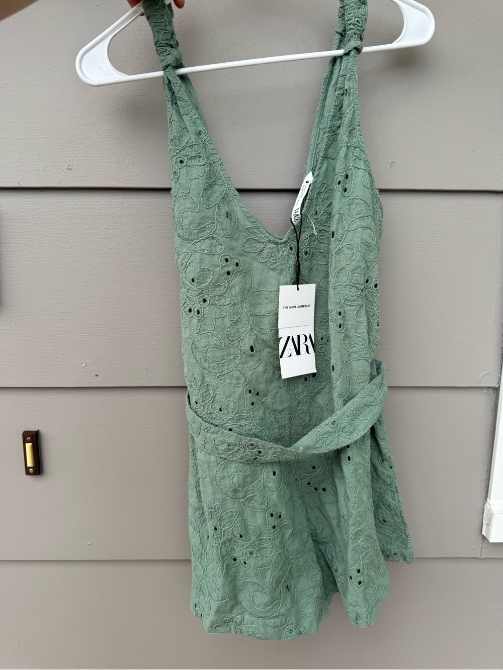 ZARA Sage Green Eyelet Mini Dress